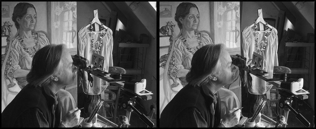 Wide-eyed stereo pair photographs of the artist in front of his portarait of Amanda Baker Wilbraham