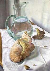 Bread on cloth with water jug
